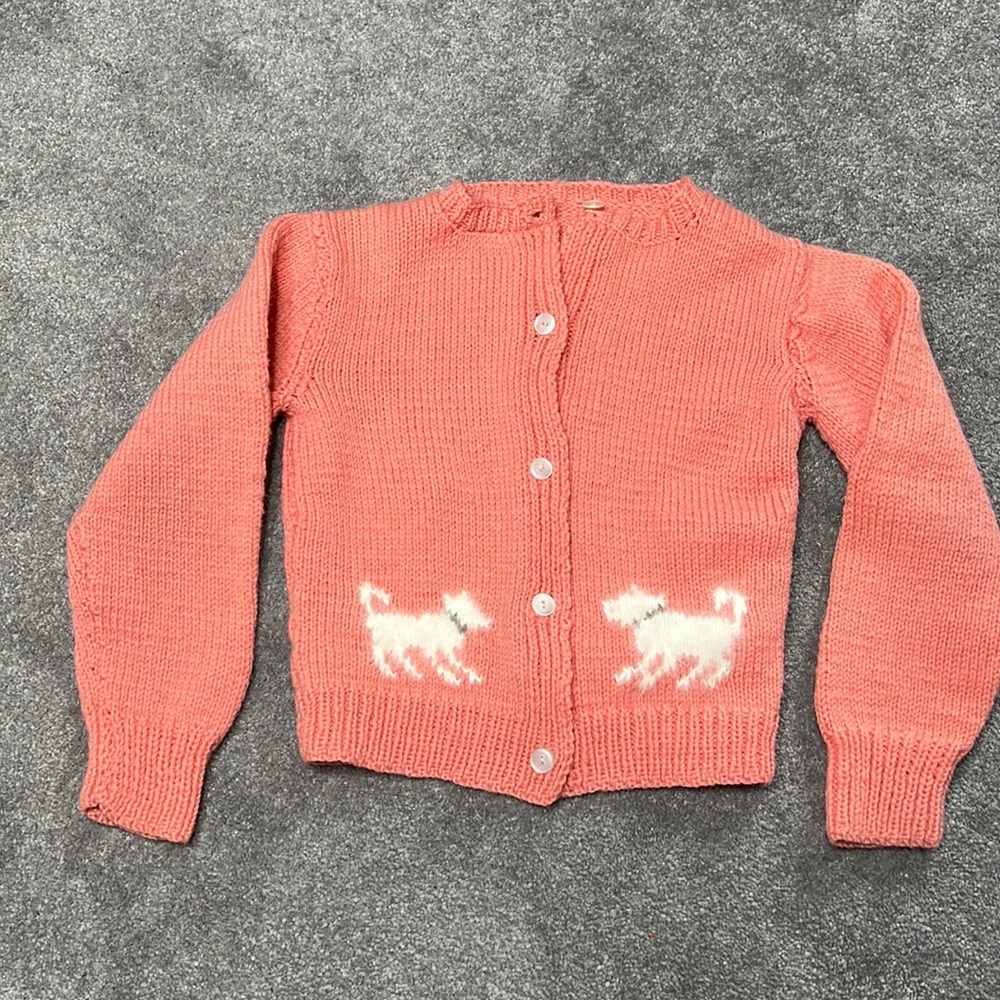 Hand knit Pink Kids Sweater with angora Dogs